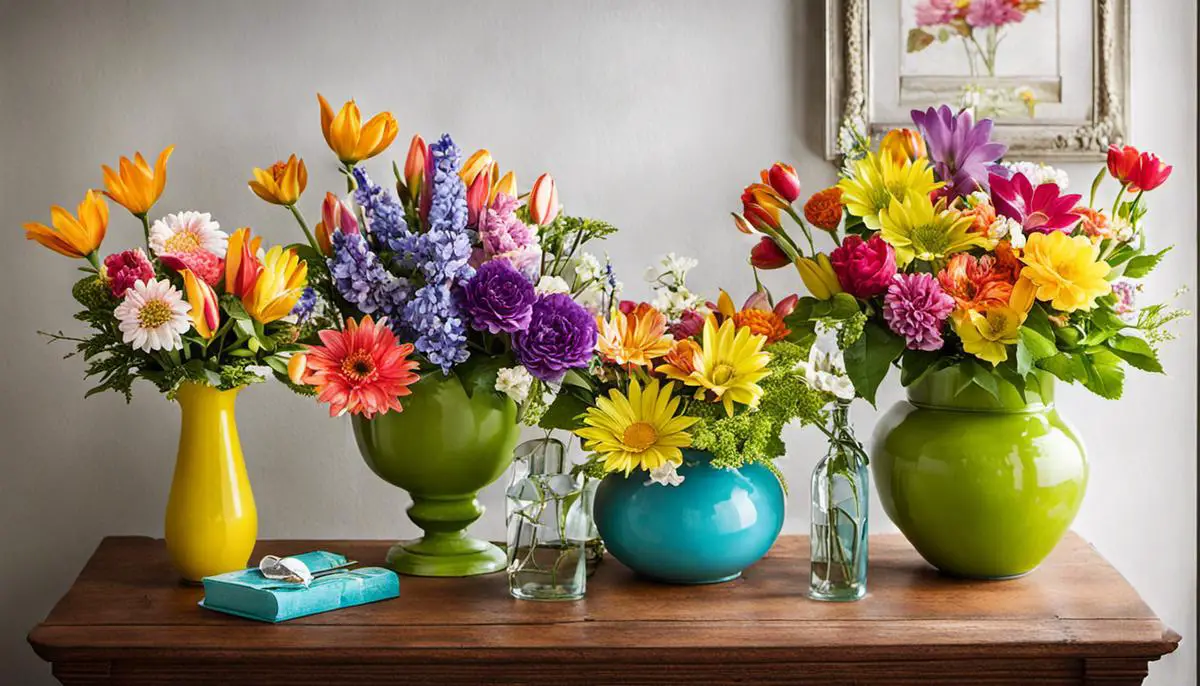 A variety of colorful spring flower arrangements and home decor accessories.