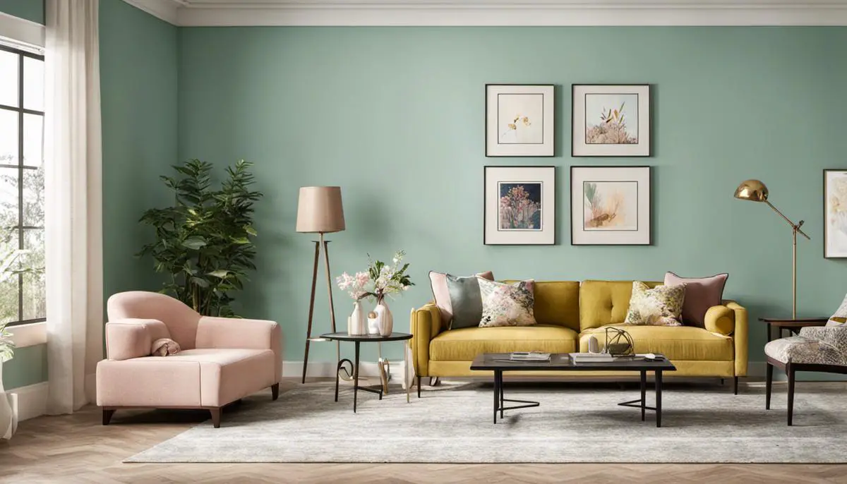 Image showing a beautifully decorated room with soft pastel accent walls and coordinating furniture pieces and decor, representing the 2024 accent wall color trends.
