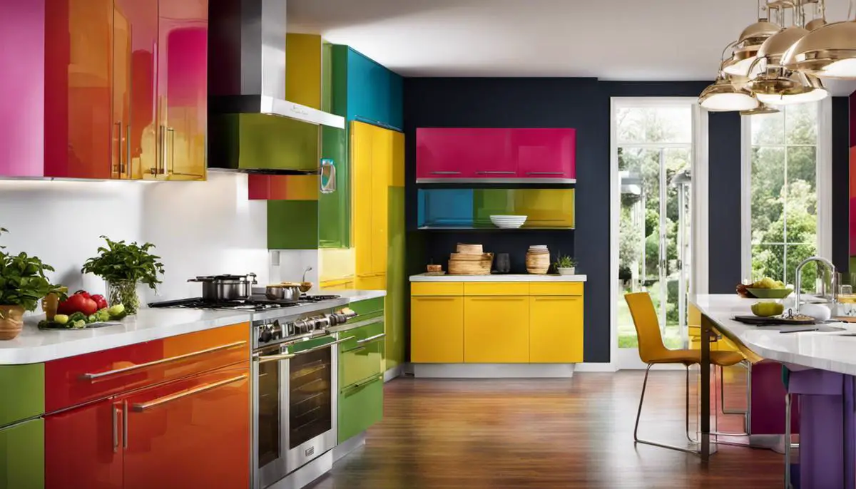 A colorful kitchen with different paint color options, showcasing the latest trends for 2024.