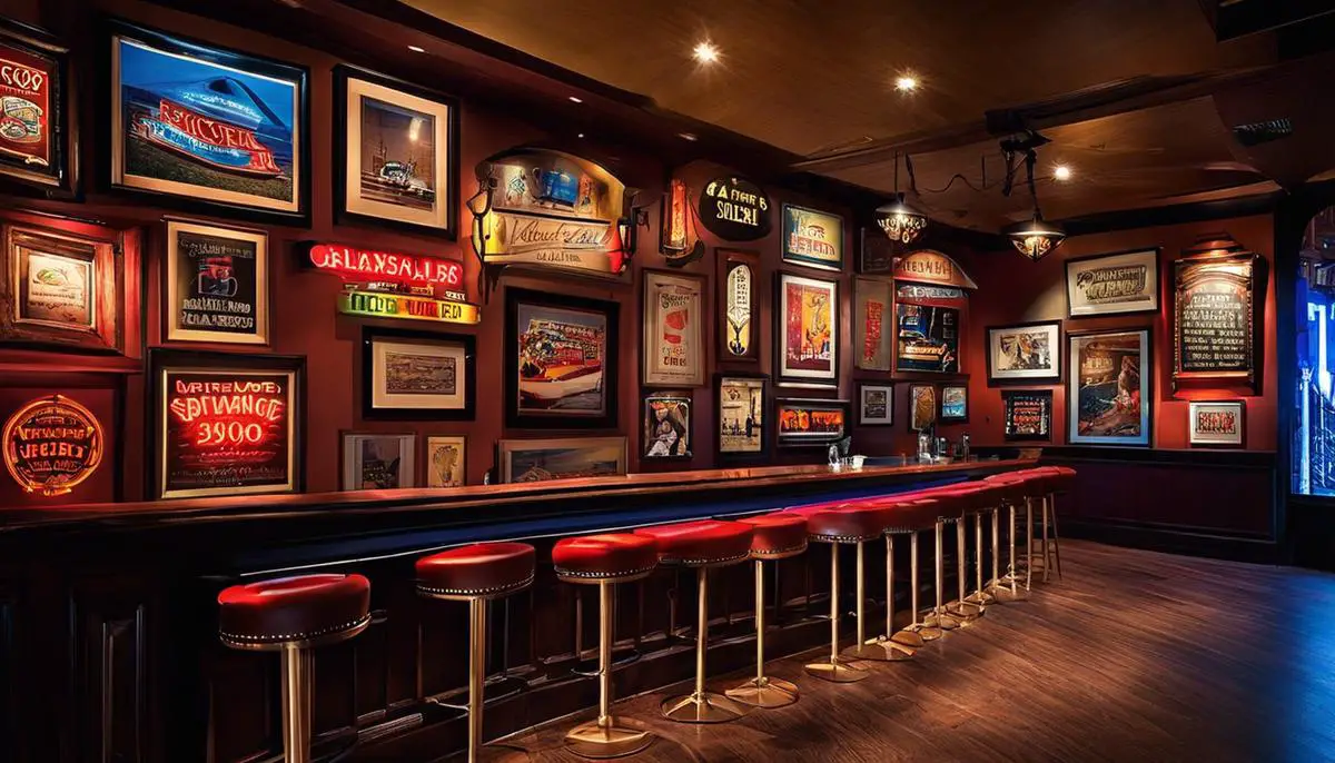 A variety of bar wall decor items, including mirrors, vintage signs, artwork, neon signs, and posters, arranged in a visually appealing manner.