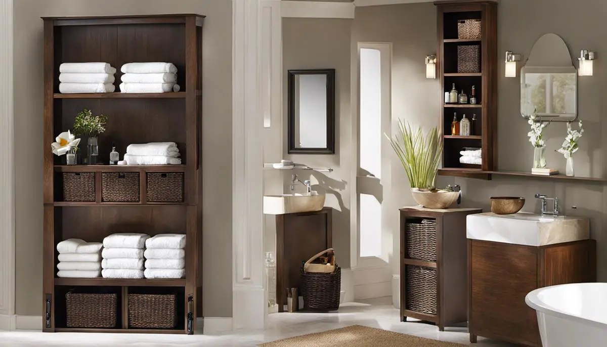 Image of various bathroom storage solutions such as ladder shelves, tiered storage baskets, floating shelves, and concealed storage options.