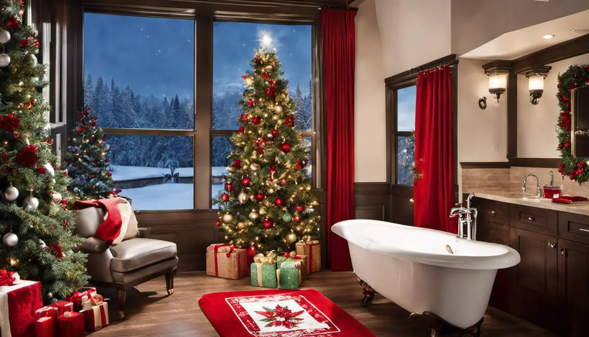 Image of a festive Christmas-themed bathroom with towels, shower curtain, bath mat, and holiday accessories.
