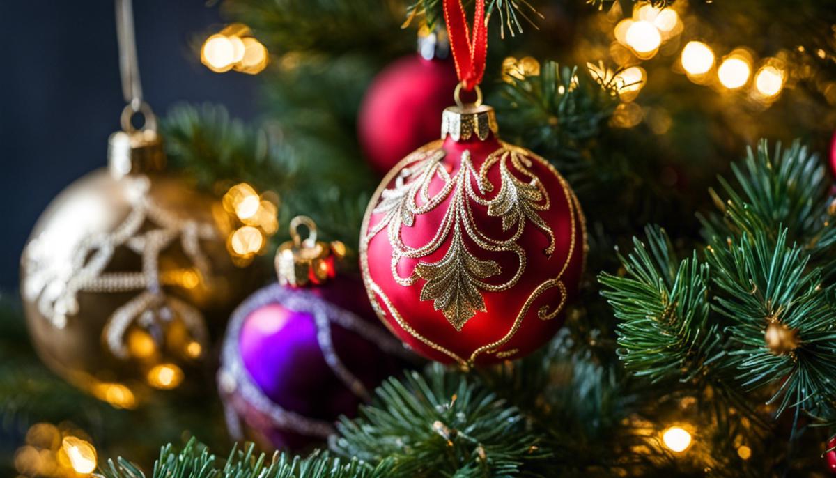 A close-up image of Christmas baubles in various colors and designs, hanging on a Christmas tree.