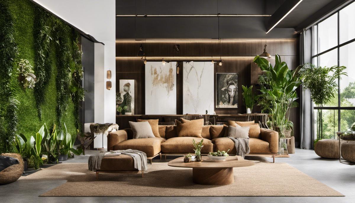 An image of a living room decorated with eco-friendly and sustainable materials, showcasing the use of natural elements and indoor plants