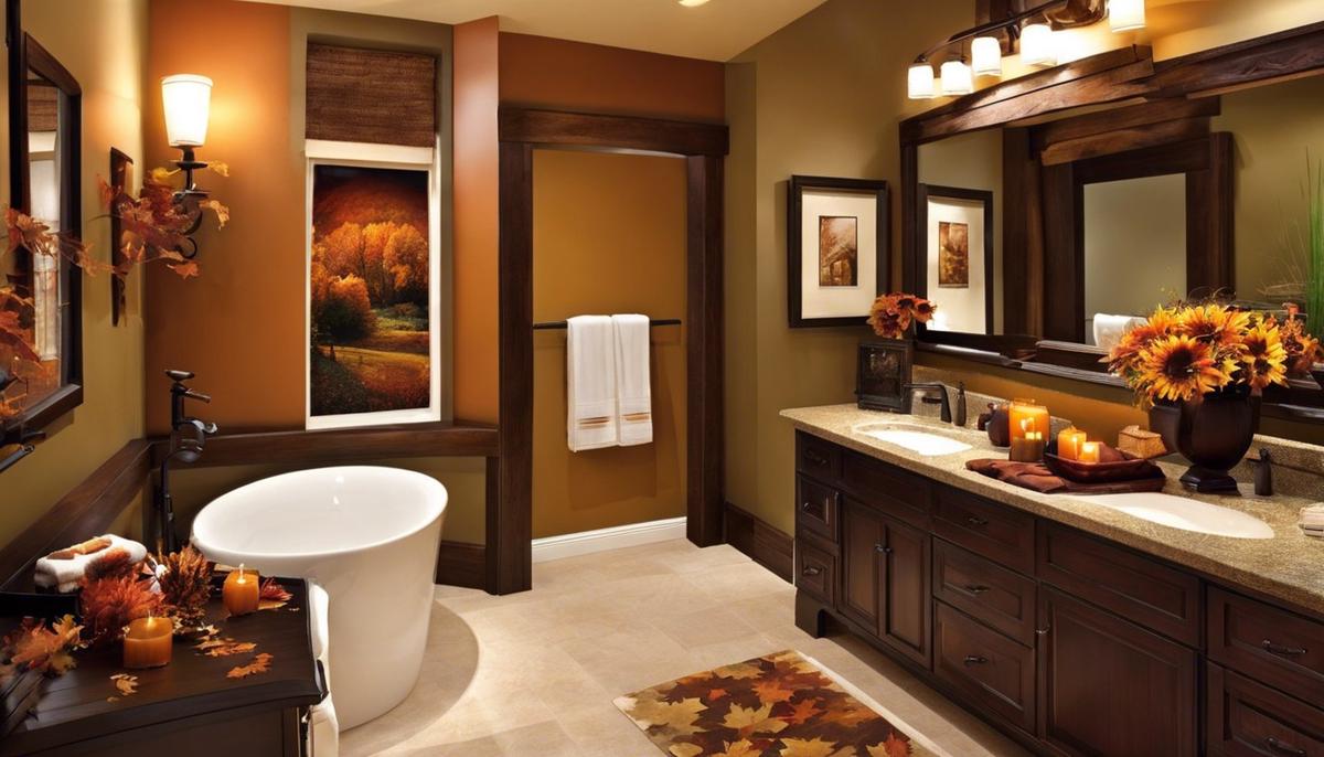 Fall-themed bathroom with rustic accents and warm hues, creating a cozy and inviting atmosphere.
