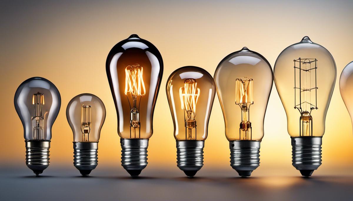 Various incandescent light bulbs lined up, representing different types of incandescent lights.