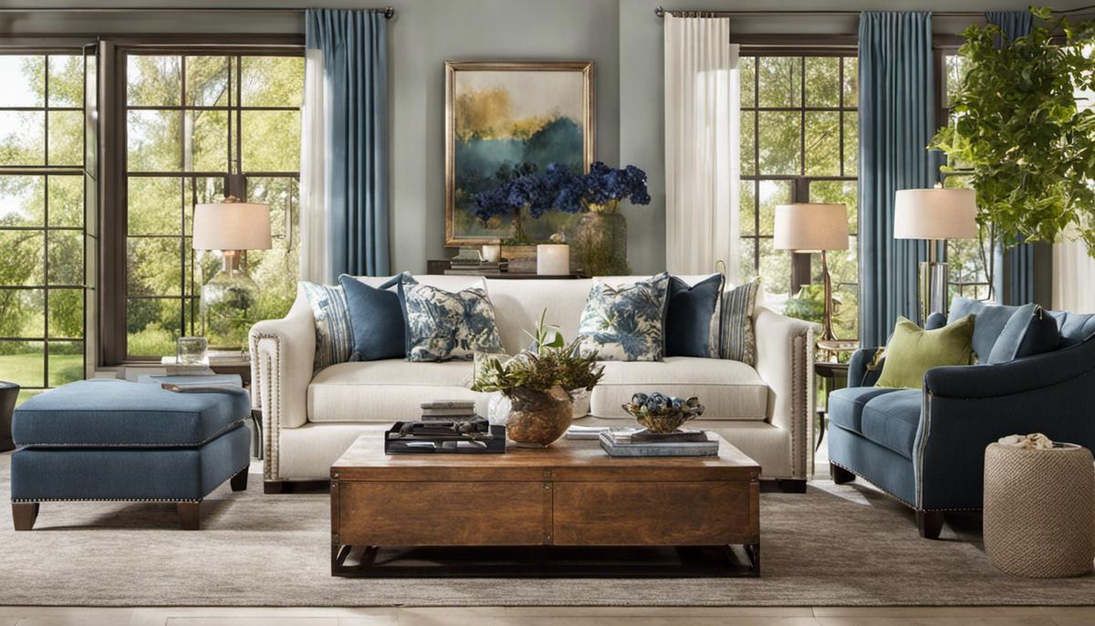 Image depicting an interior design color scheme, showcasing complementary colors and natural elements for a harmonious blend with outdoor garden views
