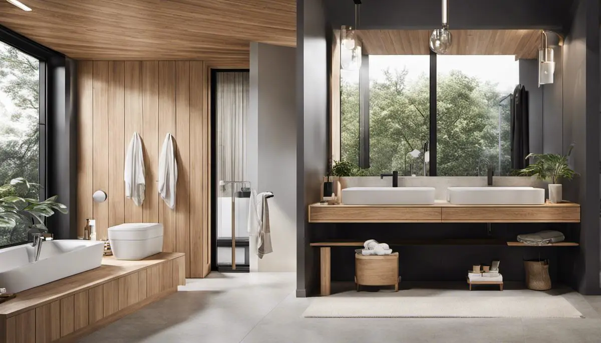 A bathroom with modern Scandinavian design elements, featuring minimalism, functionality, and natural materials.