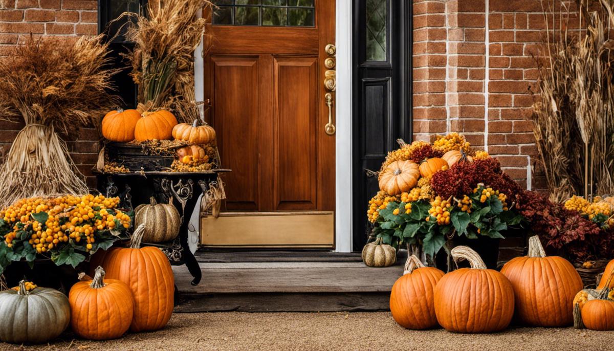 Image of a natural fall decor with pumpkins, leaves, and corn stalks outdoors
