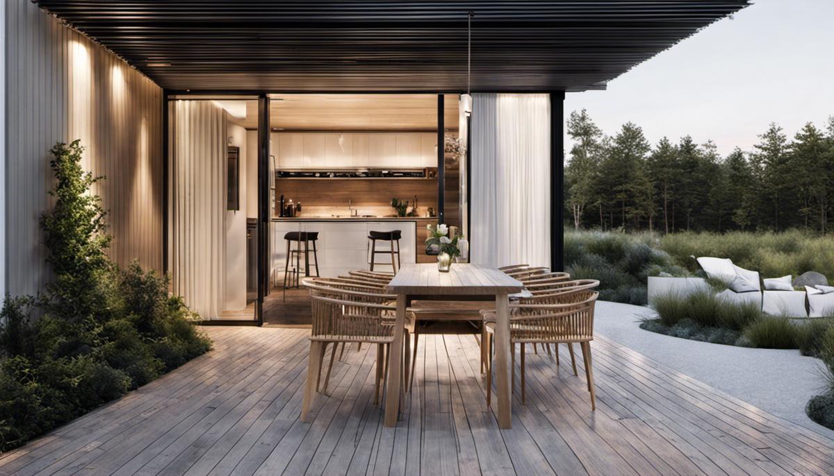 A beautiful outdoor space designed in Nordic aesthetics, featuring clean lines, natural materials, and a harmonious blend with nature