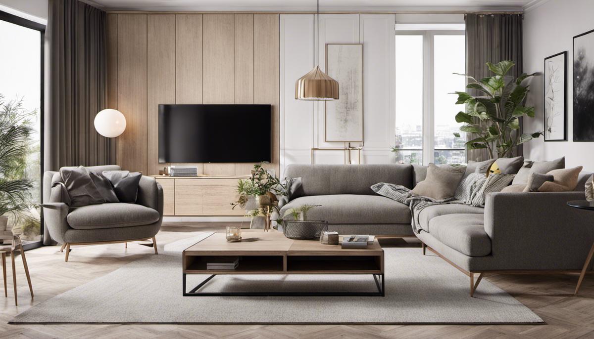 A cozy living room interior showcasing Scandi style with clean lines, neutral colors, and natural elements.