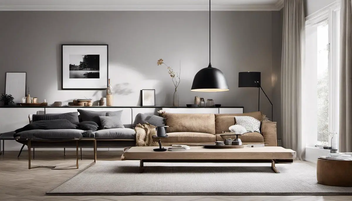 An image of a Scandinavian home interior featuring minimalist design, neutral colors, and natural materials.