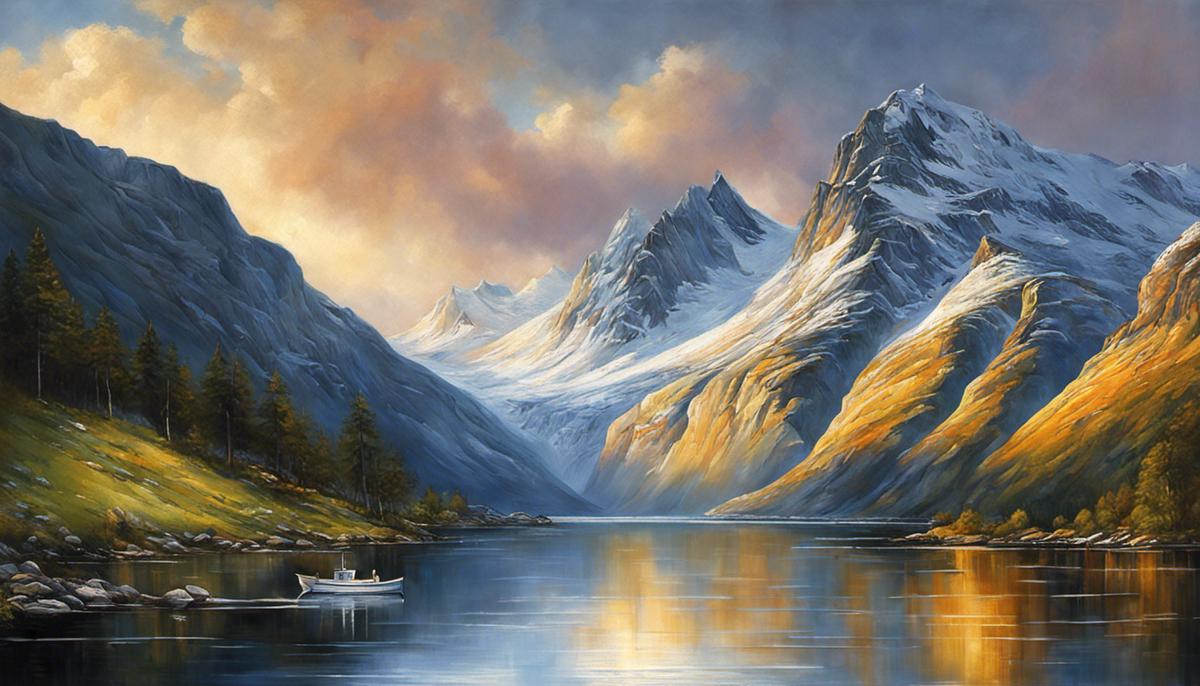 A mesmerizing painting depicting the stark beauty of Scandinavian fjords and snow-covered mountains