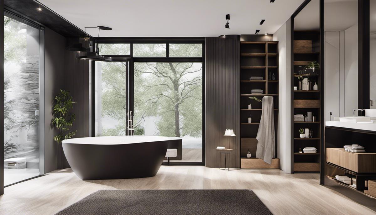 A visually stunning bathroom with Scandinavian design featuring a monochromatic color scheme, natural elements, minimalistic aesthetic, and well-lit space.