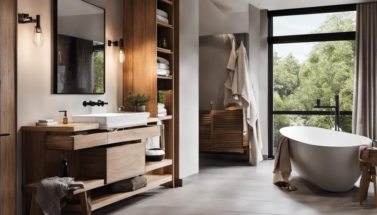Image of a Scandinavian bathroom showcasing the blend of traditional and modern elements, with wood and stone materials, sleek fixtures, and neutral colors.