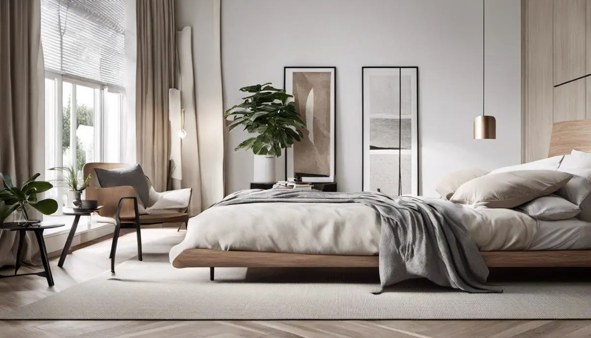 A serene Scandinavian bedroom with neutral colors, natural materials, minimalist decor, and functional furniture.