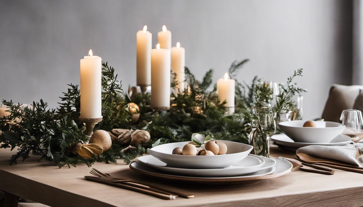 A serene-looking Scandinavian table setup with minimalist decor and natural elements.