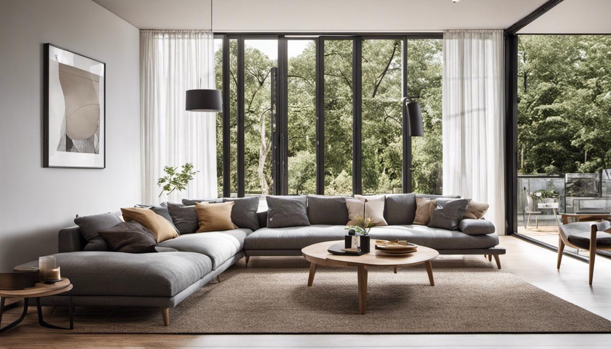 An image showing a beautifully designed Scandinavian interior with light woods, simple furniture, and large windows letting in natural light.