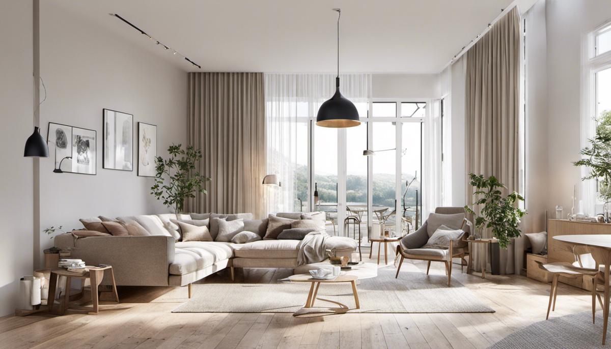 A serene Scandinavian room decorated with light colors, natural materials, and an abundance of natural light.