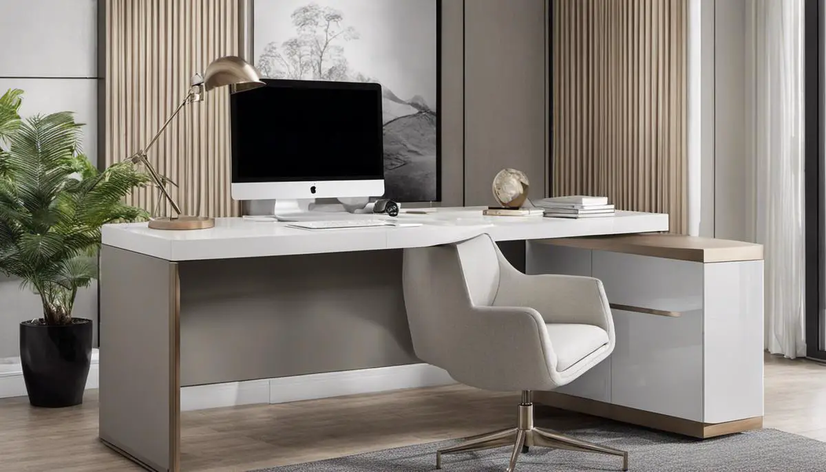 A desk with clean lines and a neutral color scheme, fitting seamlessly into a modern minimalist interior design.
