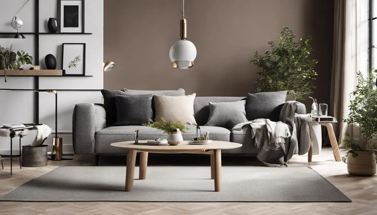 An image showcasing a well-designed Scandinavian living room with minimalistic furniture and natural elements.