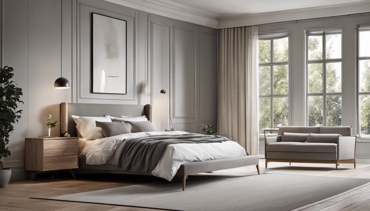 Image of a Scandinavian bedroom with minimalist furniture and muted tones, creating a serene atmosphere.