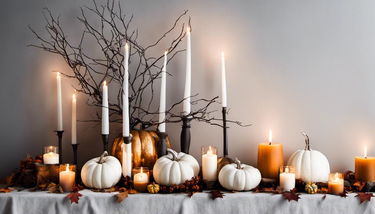 Image of Scandinavian Halloween Decor featuring white pumpkins, muted color candles, and minimalist wreaths made of bare branches adorned with autumn leaves.