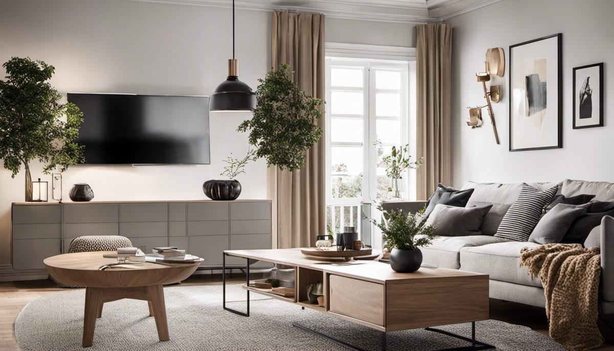 A cozy Scandinavian living room with neutral colors, natural materials, and ample natural light.
