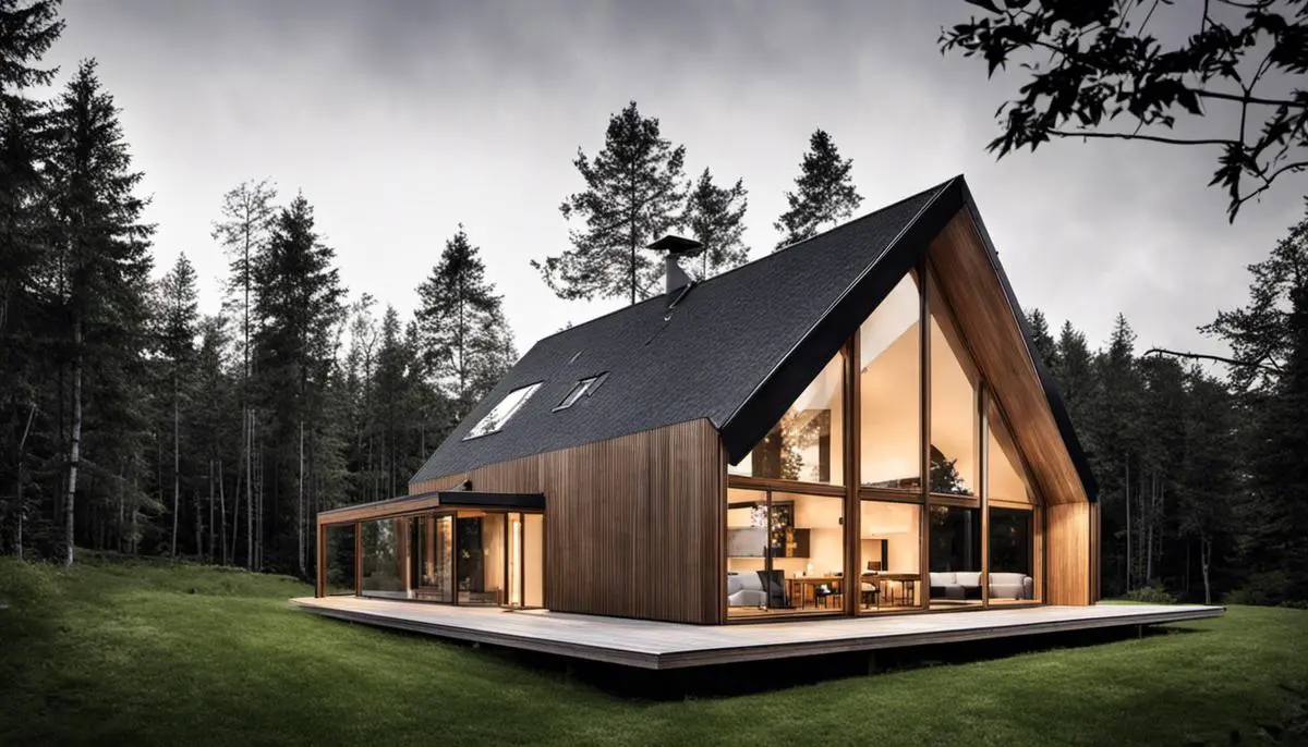An image of a modern Scandinavian house design with large windows and wooden exterior, representing the minimalist and functional approach of Scandinavian architecture.