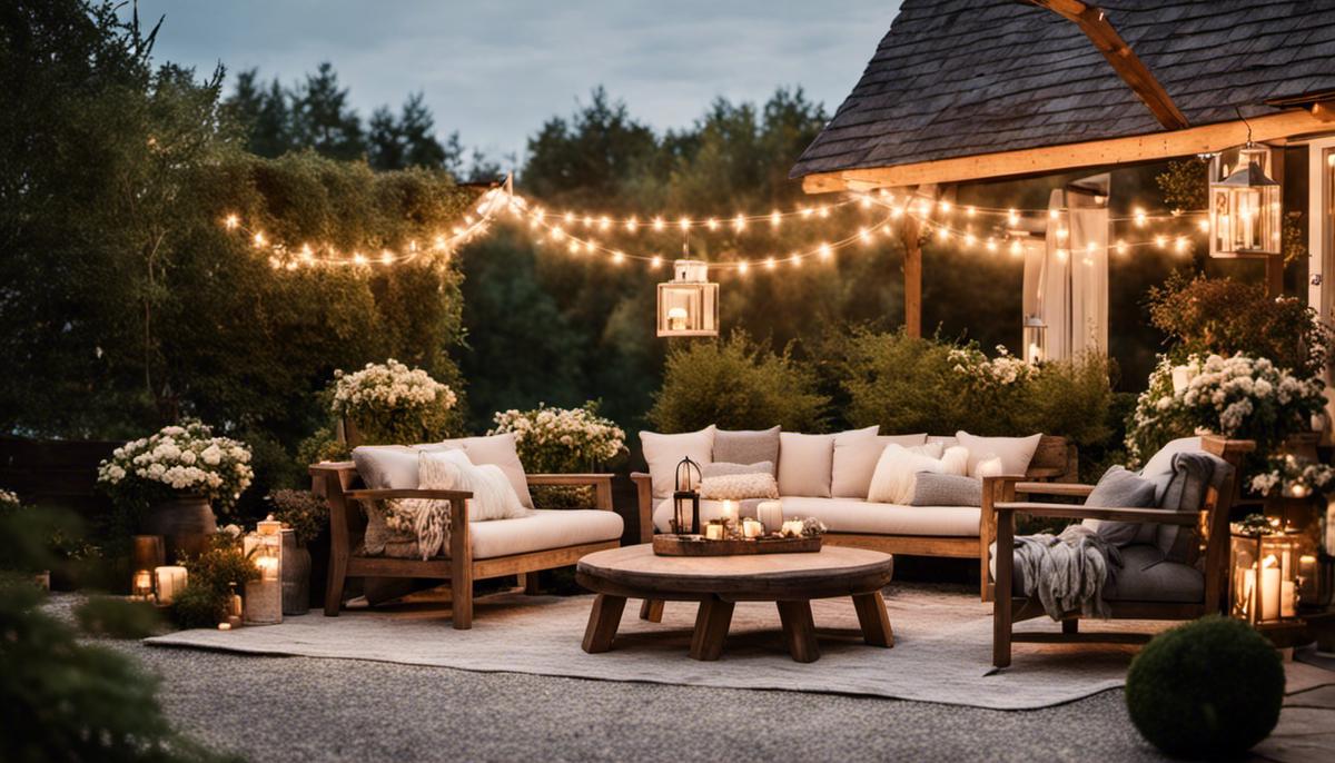 An image of a beautifully decorated outdoor space in Scandinavian Fall style with rustic-chic furniture, seasonal plants, dreamy lighting, and thoughtful decorative accents.