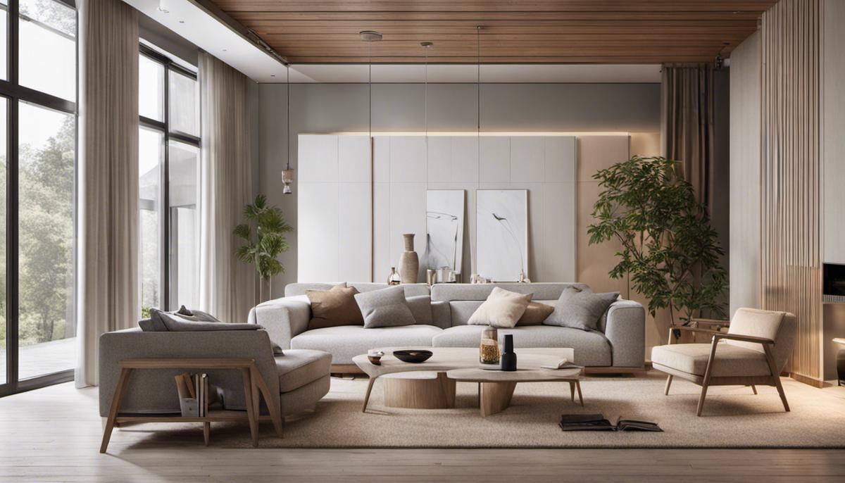A cozy living room with Scandinavian interior design elements, featuring neutral colors, natural materials, and minimalistic furniture.