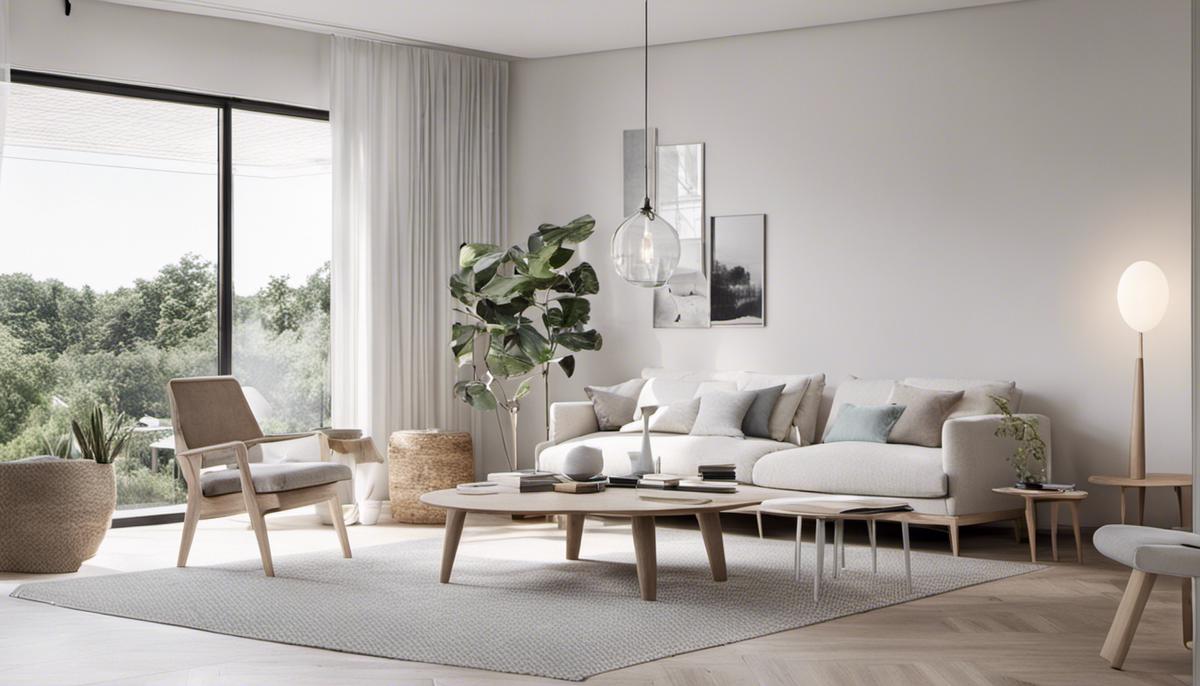 A serene and minimalist Scandinavian interior design with clean lines, white and pastel colors, and natural materials.