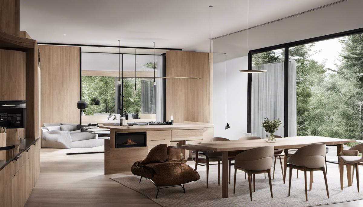 A serene and minimalist Scandinavian interior design featuring natural materials, muted colors, and a connection with nature.