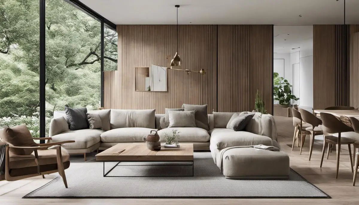 A serene and minimalist Scandinavian interior design with natural materials, neutral colors, and garden-inspired hues.