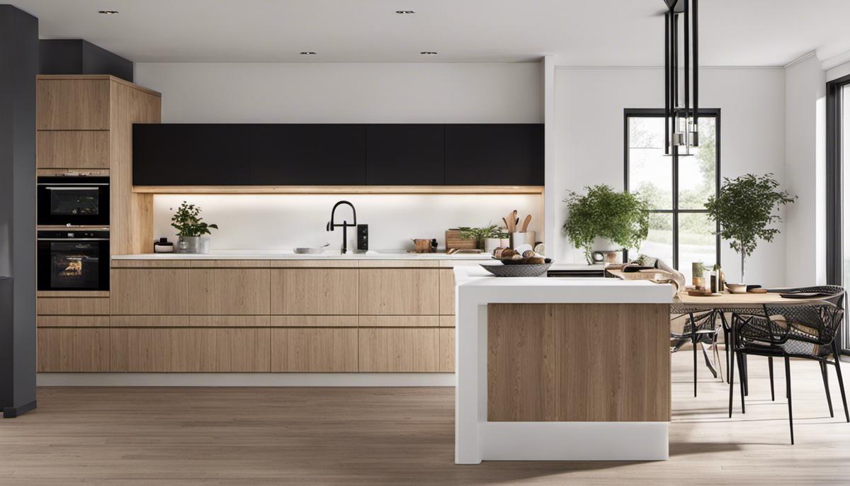 A visually appealing Scandinavian kitchen design with clean lines, neutral colors, natural light, and cozy elements such as knitted throws and wooden elements.