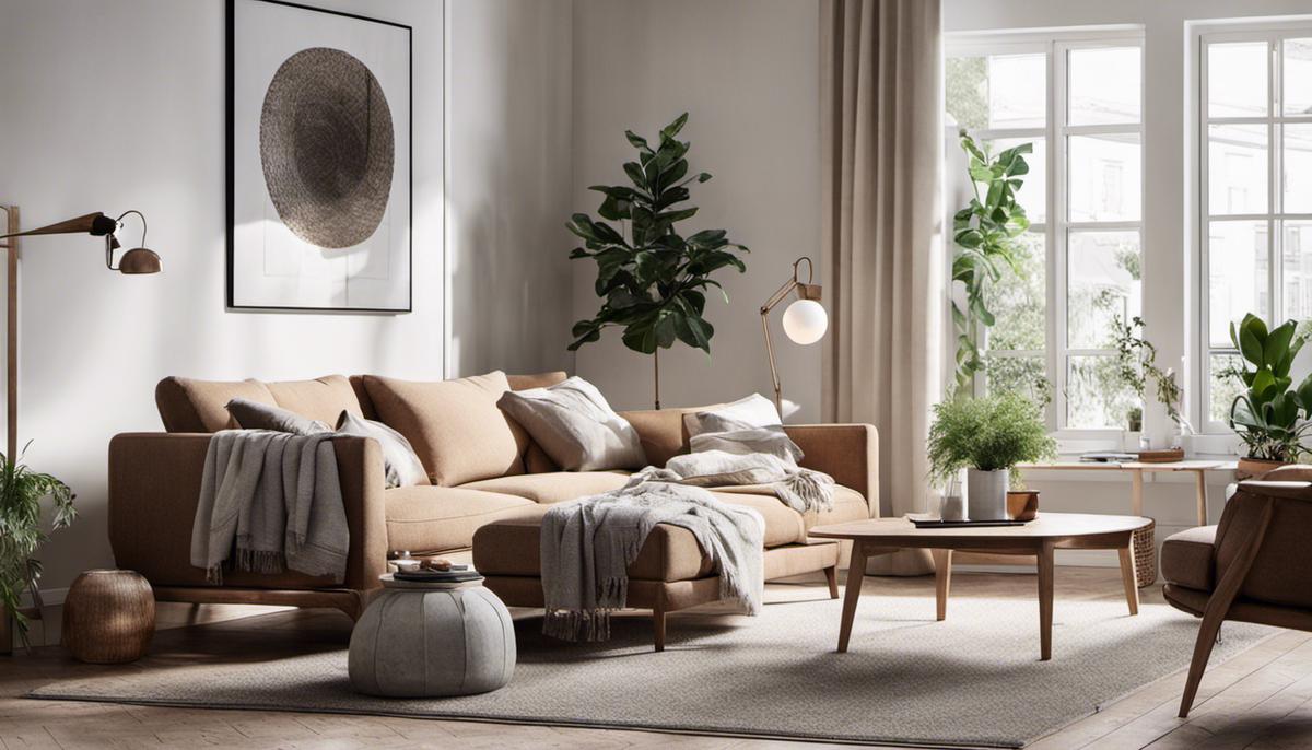 A cozy Scandinavian living room with minimalist furniture, natural light, warm textiles, and indoor plants.