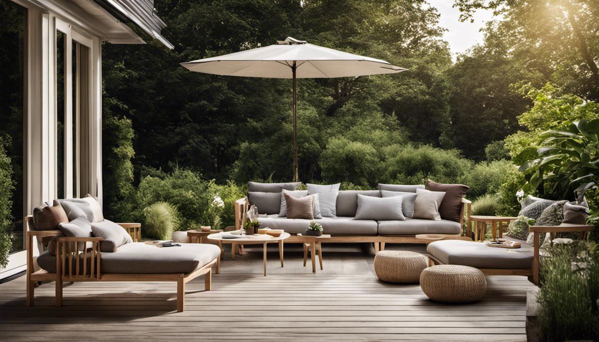 A photo of a beautiful Scandinavian-inspired outdoor furniture setup with comfortable seating, wooden tables, and loungers, surrounded by lush greenery and bathed in natural light.