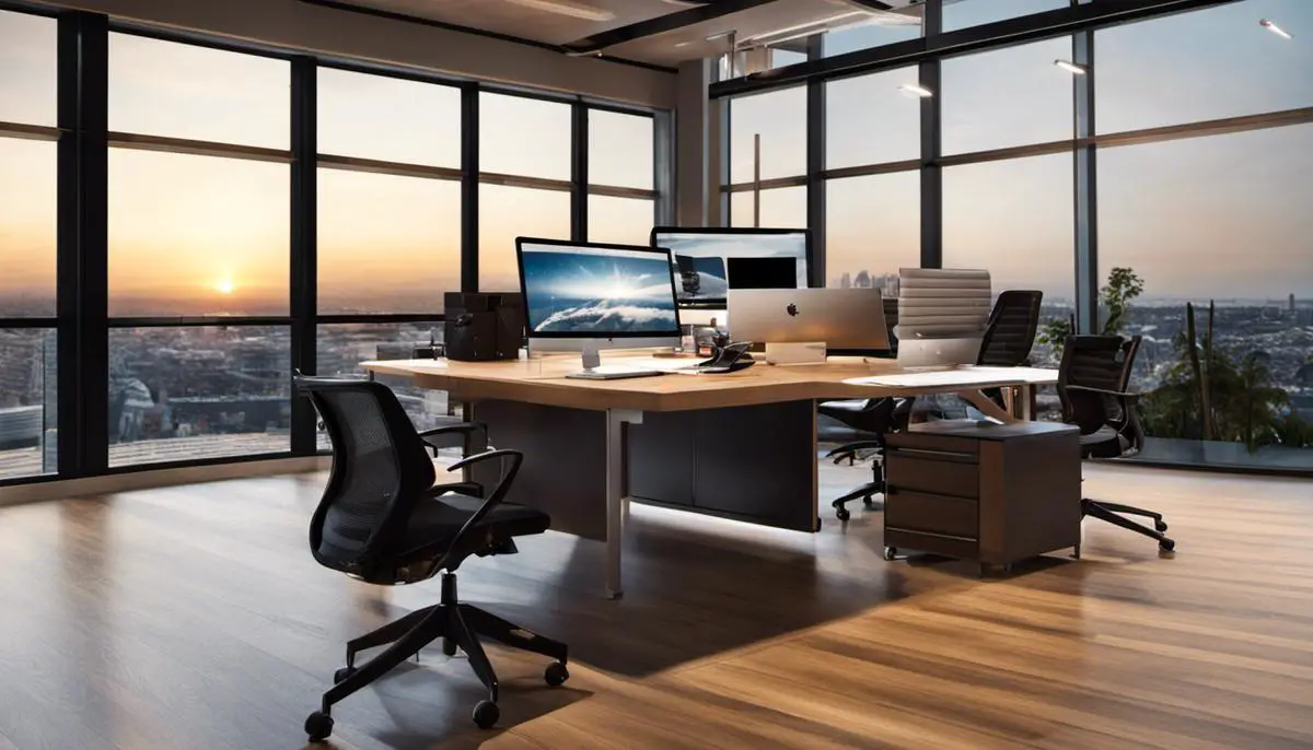 An image showing a well-lit workspace with natural and artificial lights, demonstrating the importance of lighting for productivity and tranquility.