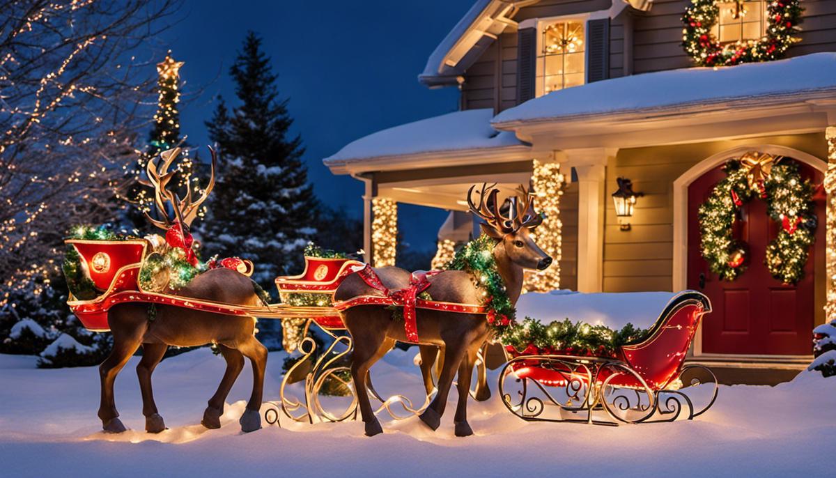 Traditional Christmas Outdoor Decorations: A wreath, string lights, Santa's sleigh with reindeer, and a Nativity scene illuminated in a festive display.