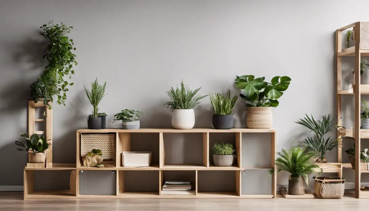 Image of wooden shelves with storage boxes and plants, showcasing Scandinavian home storage and organization.