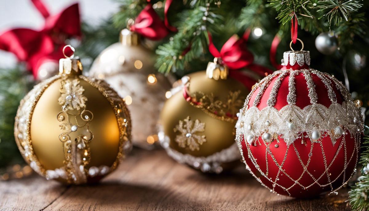 Various Christmas baubles in different shapes, materials, and designs, adding festive charm to a Christmas tree.
