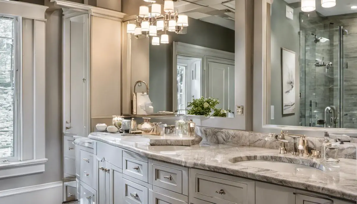 A beautifully designed bathroom with a soothing color palette, elegant marble countertops, and a glass shower enclosure, creating a calm and luxurious space.