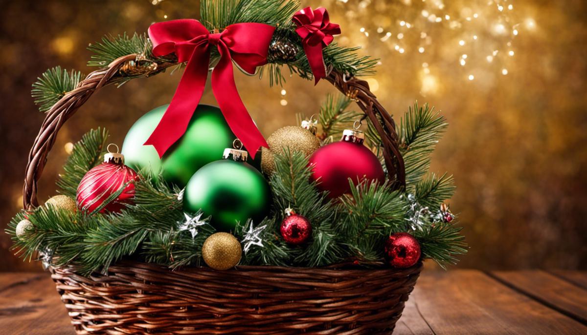 Image of a Christmas tree basket decorated with ornaments and paint.