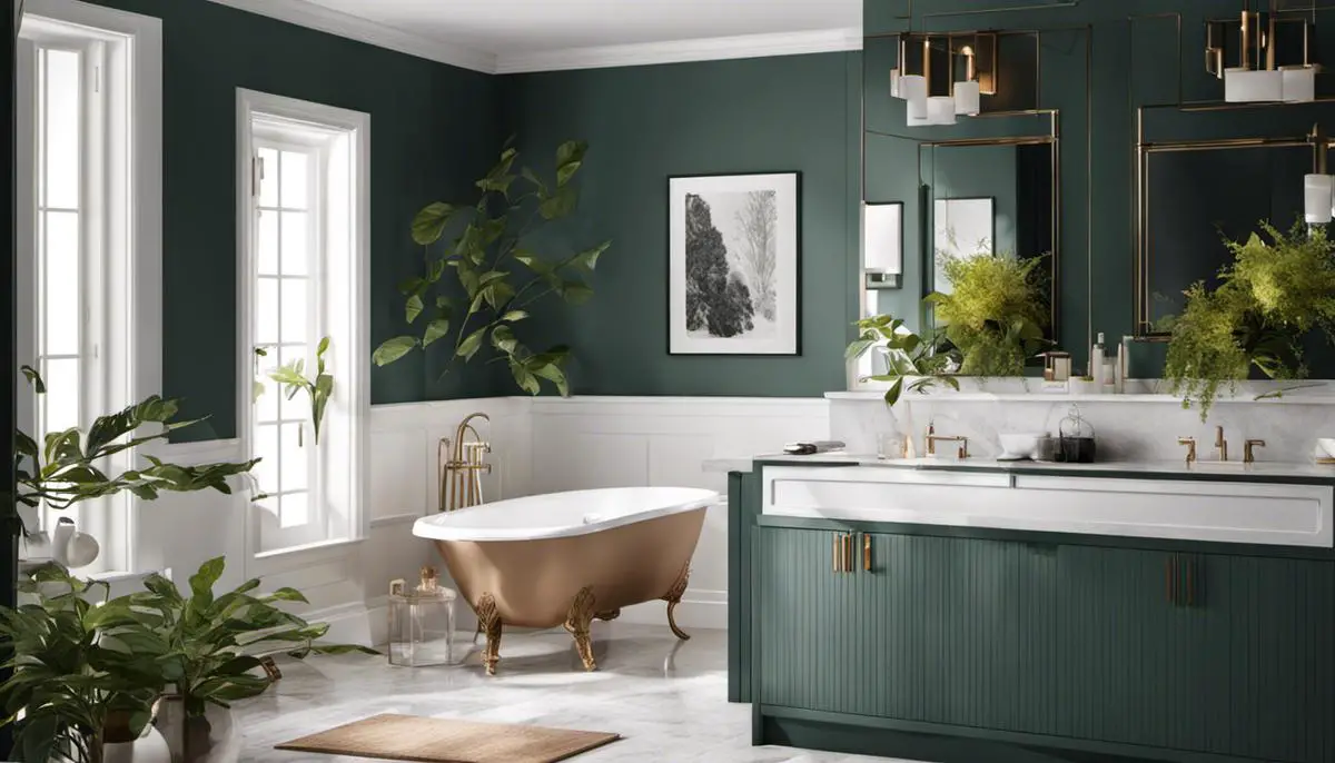 Illustration of bathroom color trends for 2024, featuring nature-inspired colors and modern monochrome design.