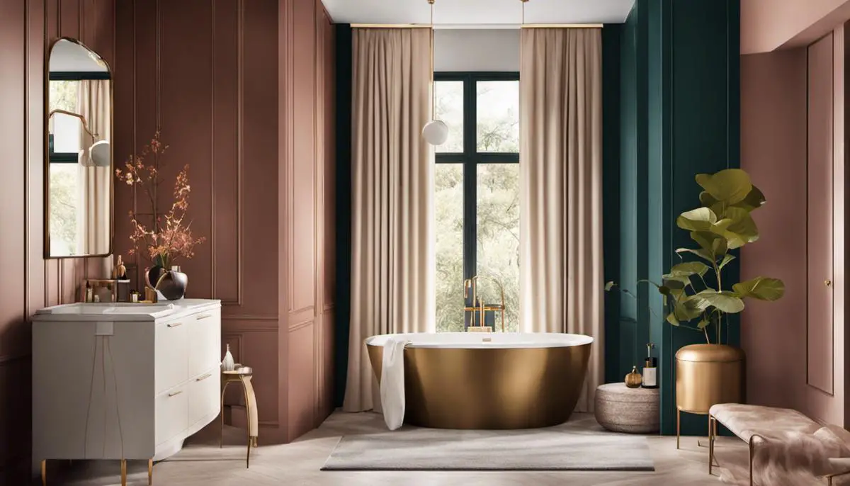Illustration of different bathroom color trends for 2024: Earth Tones, Soft Pastels, Bold Monochrome, The Rise of Jewel Tones, Touch of Metallics, and Age of Biophilia.