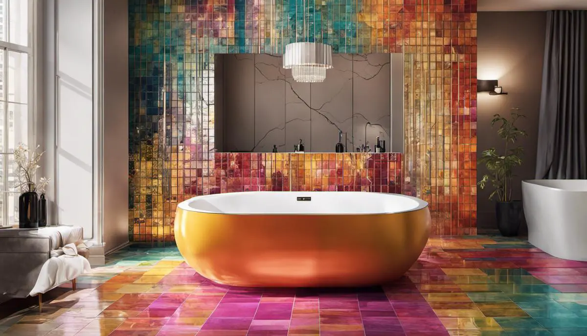 Illustration of different colored bathroom tiles, reflecting the vibrant and diverse color trends for bathrooms in 2024.
