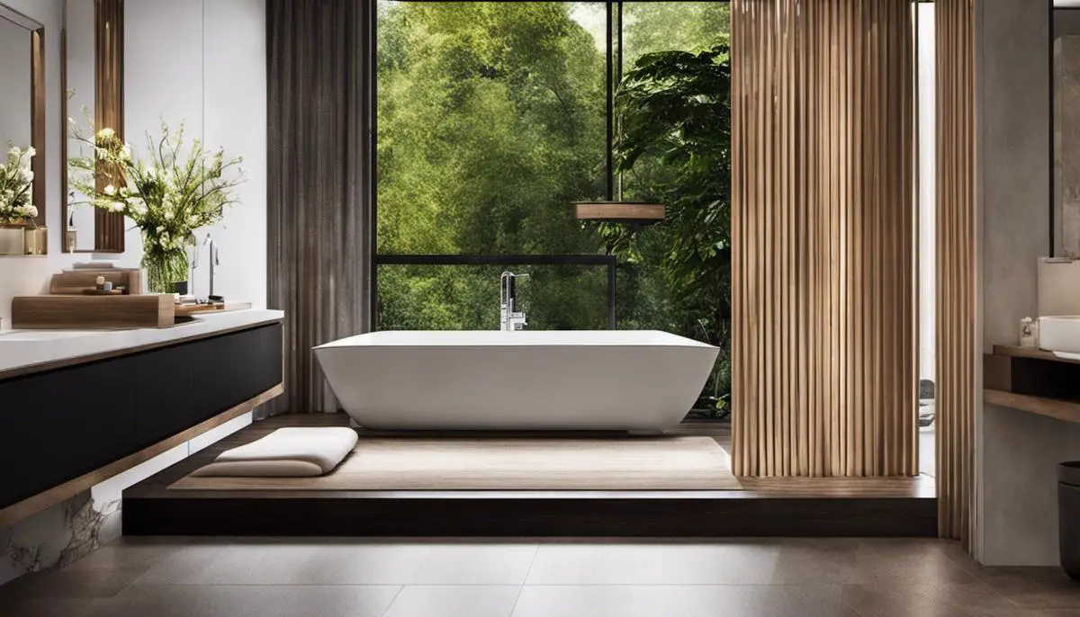 A stylish bathroom with modern fixtures and nature-inspired elements, creating a serene atmosphere.