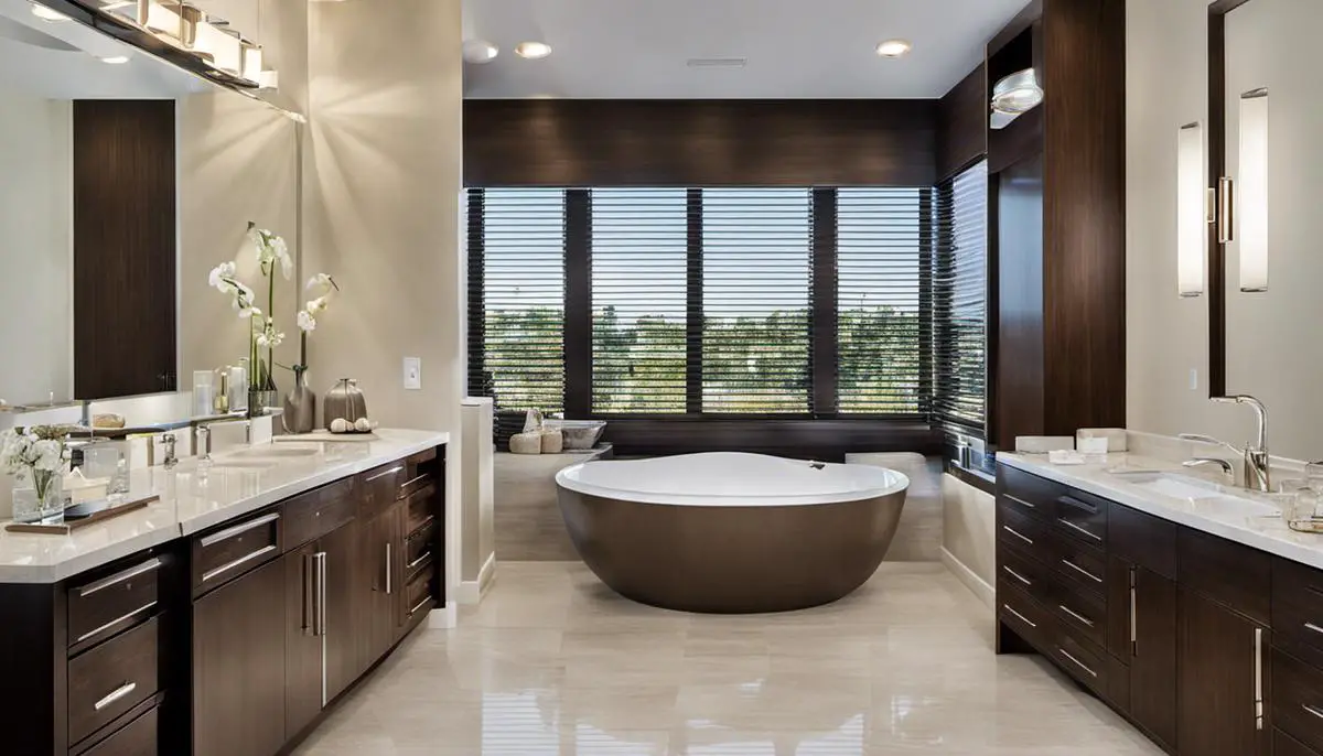 An image showing a well-designed bathroom with modern fixtures and a clean, contemporary color scheme.