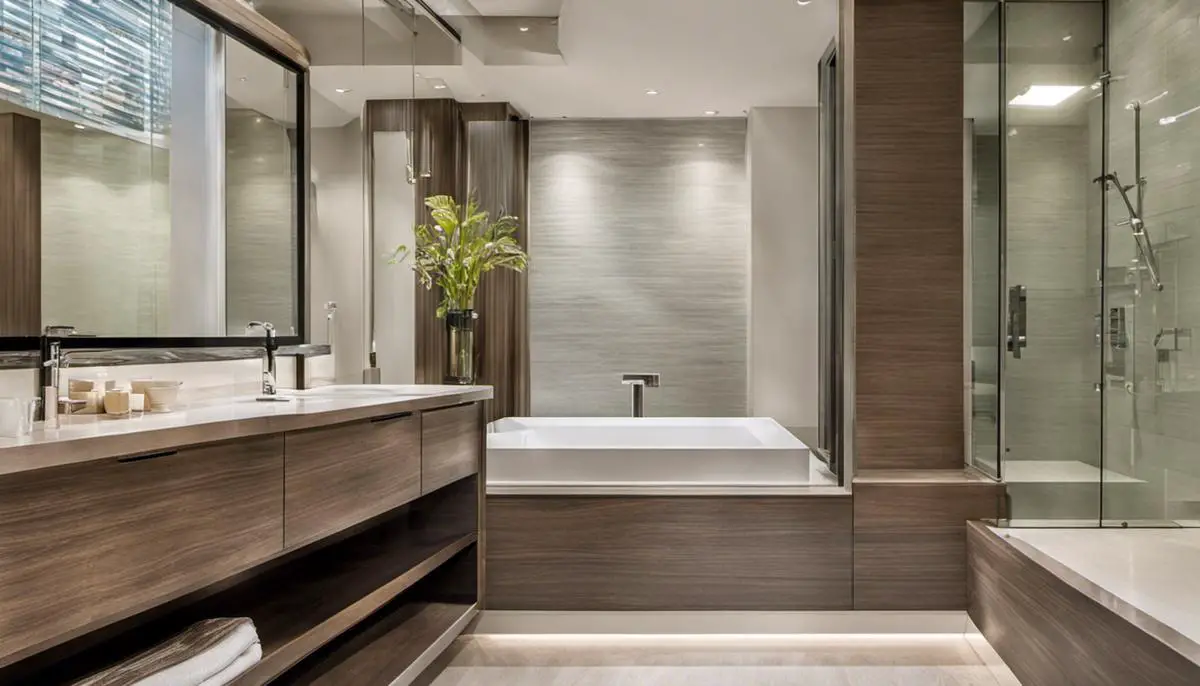 An image of a well-designed bathroom with stylish tiles, countertops, and cabinetry.