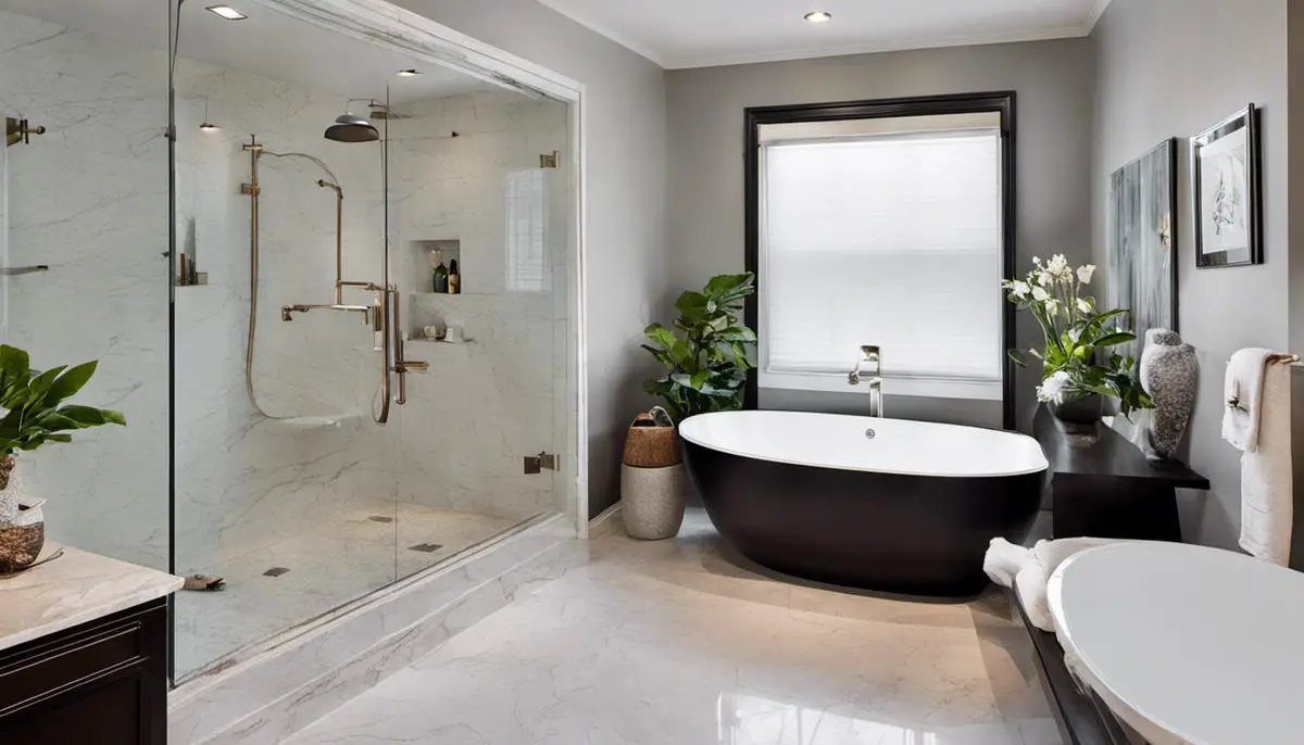 A photograph of a beautifully designed bathroom with a modern aesthetic, featuring a freestanding tub, marble tiles, and sleek fixtures.